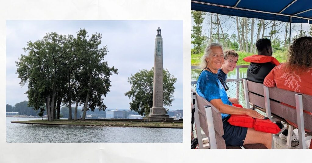 grandma and grandson on pontoon ride, monument in park 