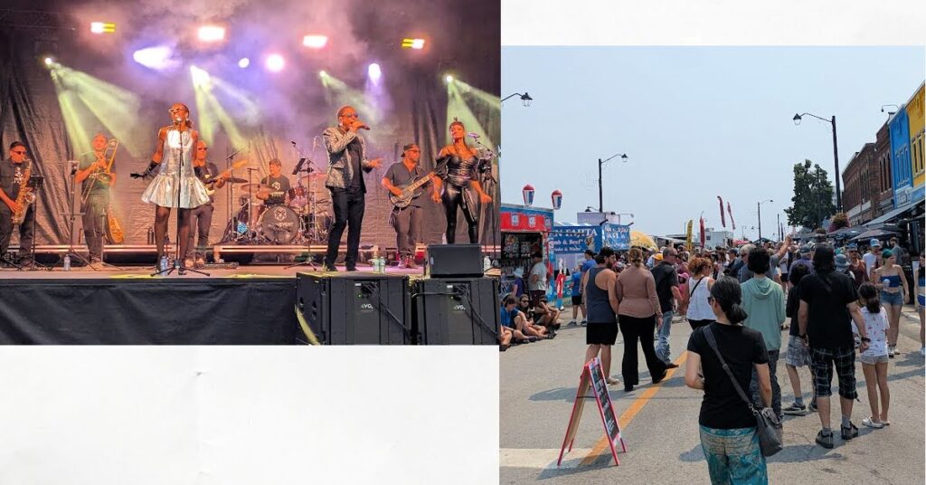 band playing on a well light stage, street with food trucks on one side and people filling the street 