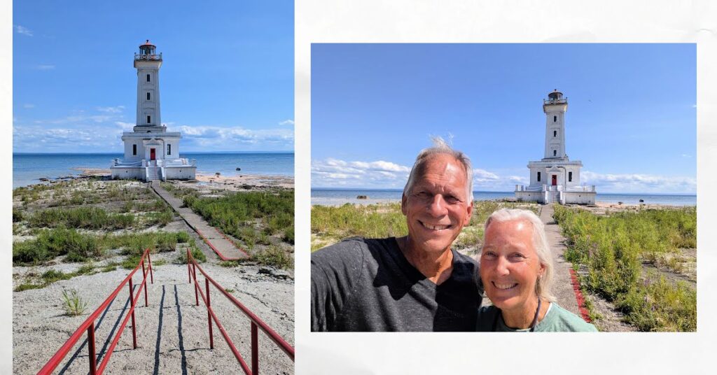 point abino light house and couple selfie in front of lighthouse 
