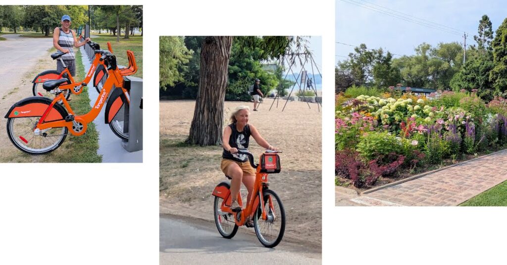 man standing by bikes for rent in toronto island, woman biking with beach and swingset in background, an island garden 