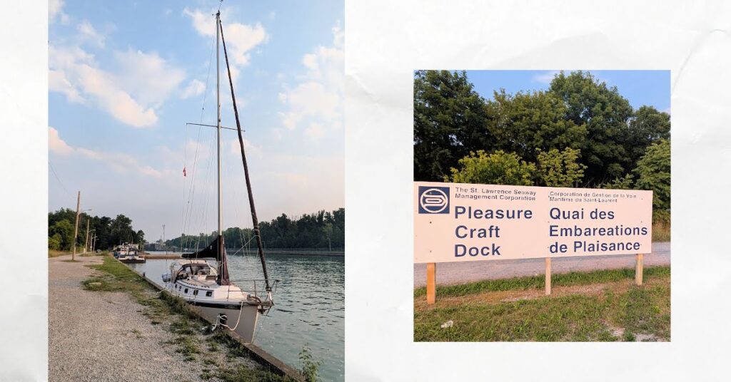 sailboat at dock on welland canal, dock sign "pleasure craft dock" 
