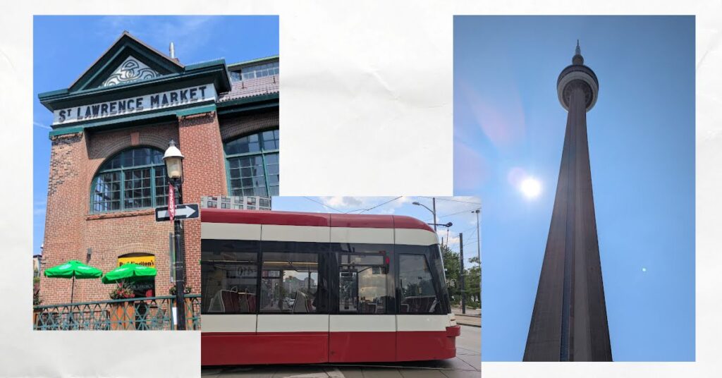 subway car, tower with blue sky, st lawrence market building 
