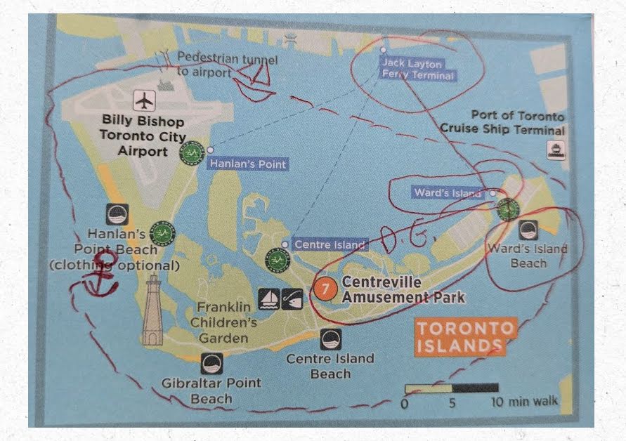 map of toronto island with notes of sailing route, disc golf, beaches, 
and ferry 


