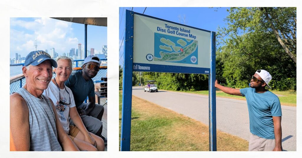 group on ferry to toronto island, young man next to toronto island disc golf course map sign 
