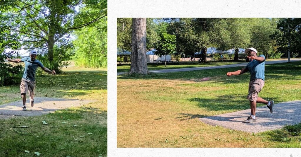action shots of young man playing disc golf on wooded course 
