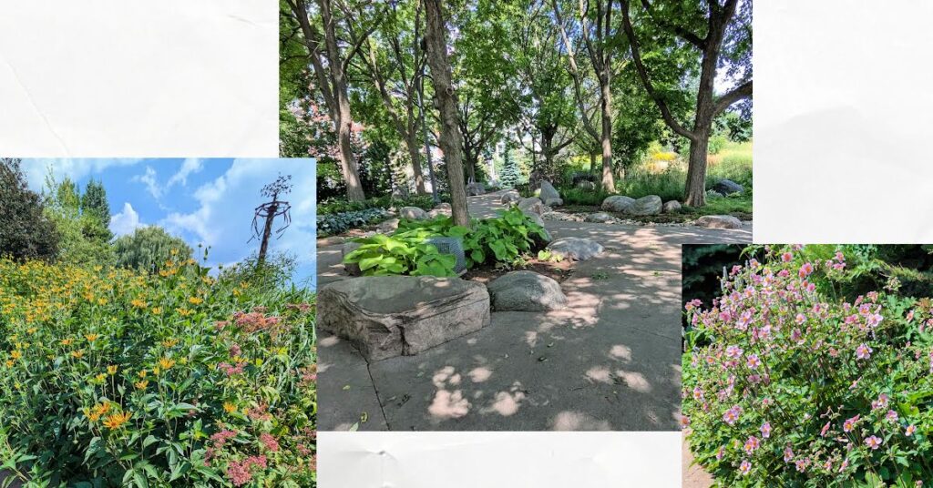 gardens and walking path with trees
