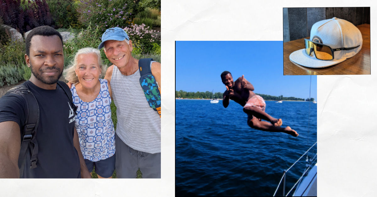 parents and adult son on vacation selfie, man jumping off boat into water, hat and sunglasses