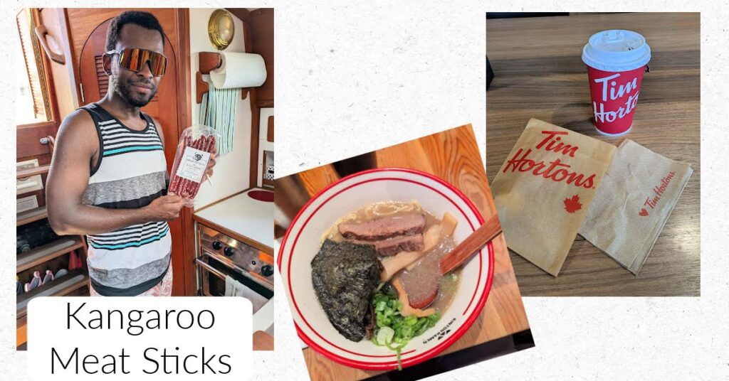 tim hortons food wrappers, man holding kangaroo sticks, bowl of noodles at restaurant 