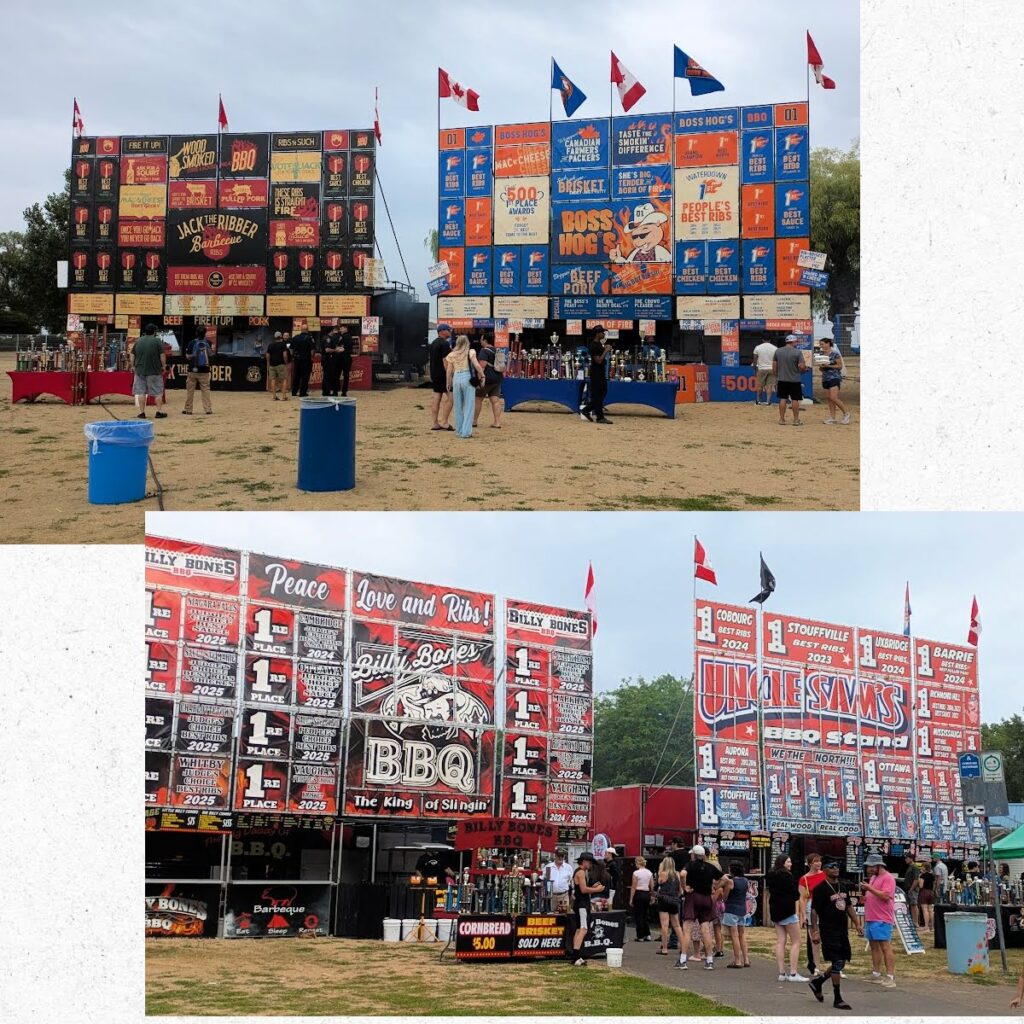 barbeque festival bilboards adn food stands with people walking around 
