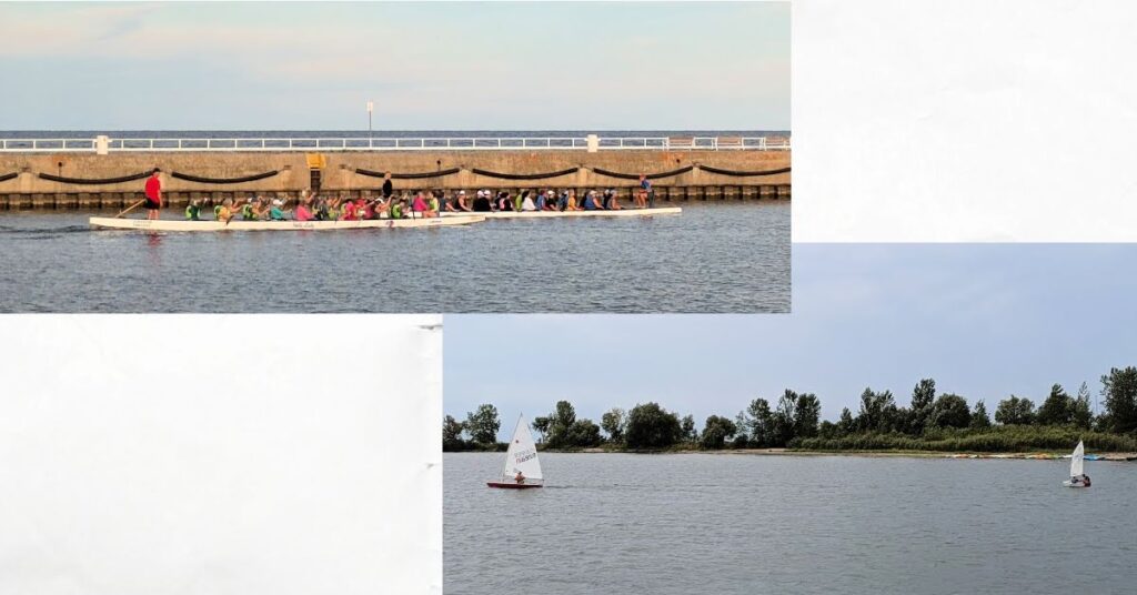 rowing boats practicing in harbor, dinghy sailboats in harbor 